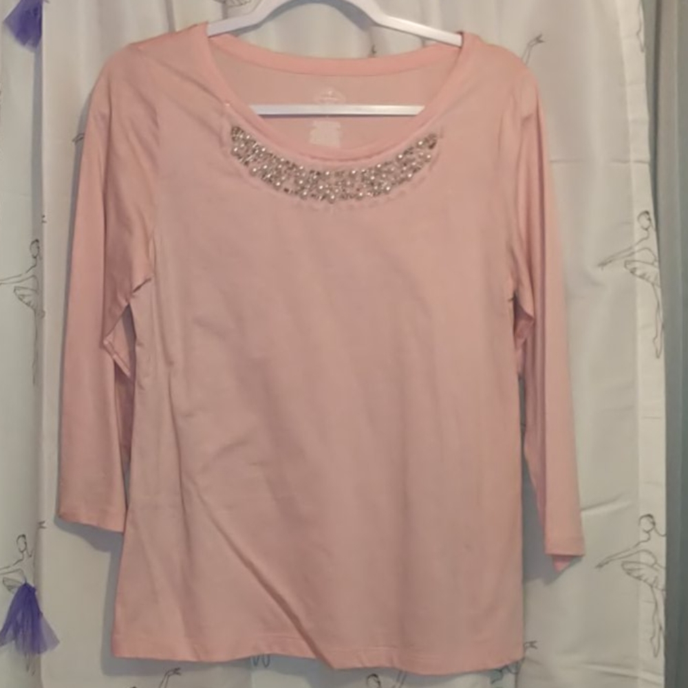 St John's Bay pink jeweled blouse size small